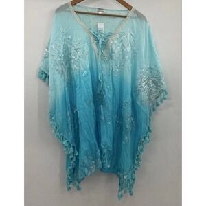 Debbie Katz Cover Up Tunic XL Indra Turquoise Silver Ombré Tasseled Cotton Boho